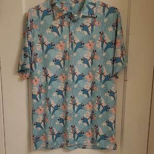 Men's Parrot Print Polo Shirt - Blue and Pink